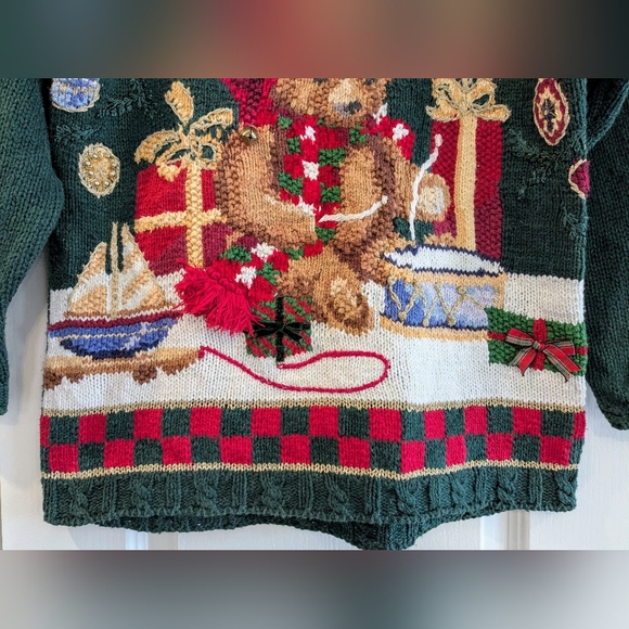 Vintage Fashion Bug Green Holiday Ugly Christmas Sweater Teddy Bear Size Large - Picture 3 of 15